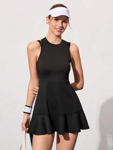 CourtClass Casual Versatile Black Sleeveless Backless Design With Pocket Lining Tennis Dress - Black - View 6