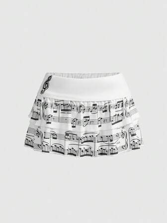 ROMWE Avant Jupe mini superposée imprimée de notes de musique vintage Y2K