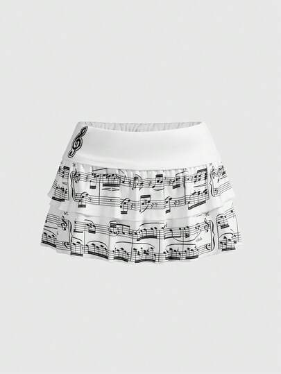 ROMWE Avant Jupe mini superposée imprimée de notes de musique vintage Y2K