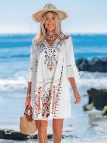 Sylviya 印花水溶蕾絲拼接喇叭袖連衣裙 - 白色 - 查看 5