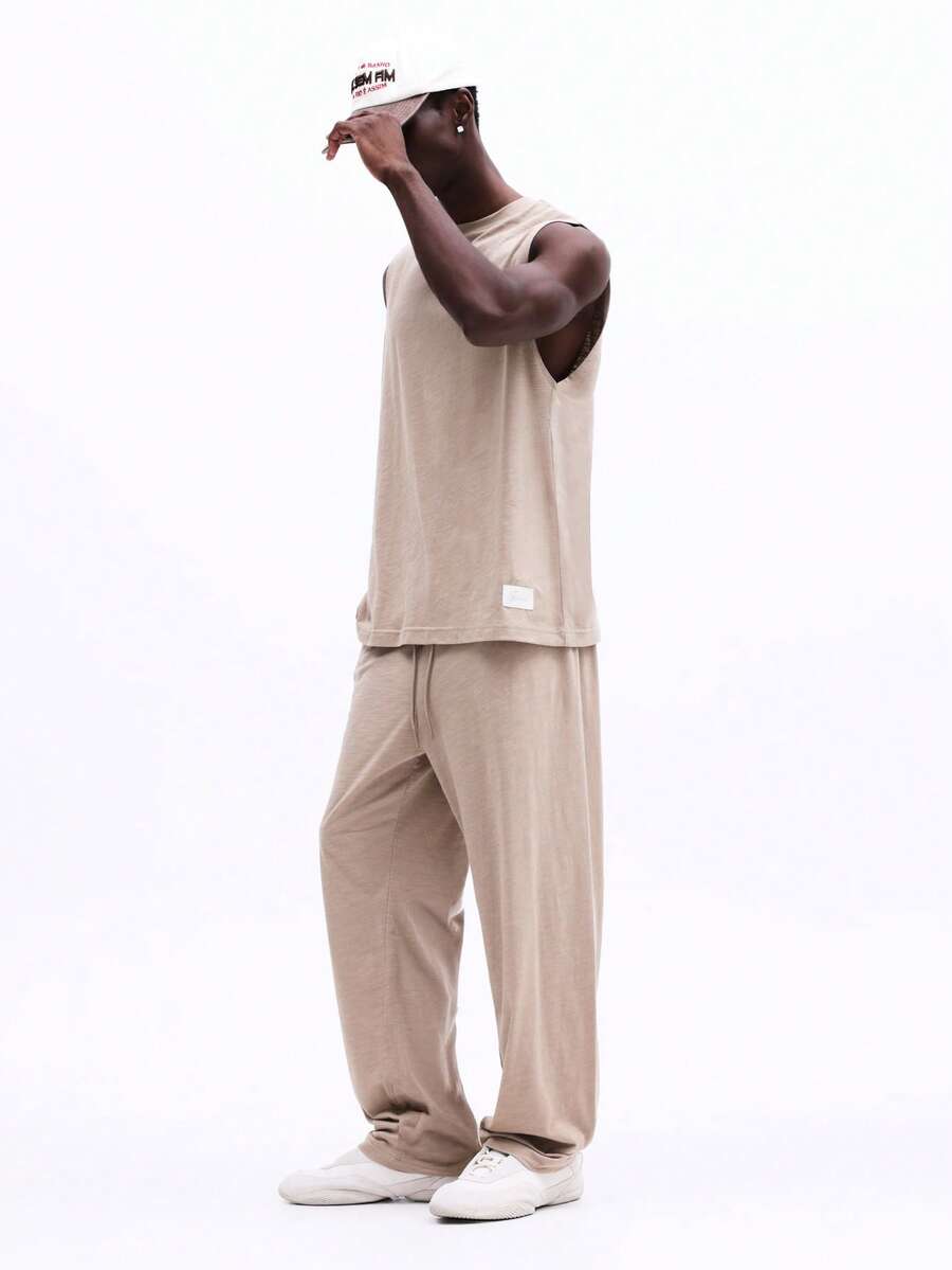 SUMWON Beige Slub Tank Top And Matching Pants Two Piece Casual Co-Ord Set Summer Lounge Wear Outfit - Khaki - View 1