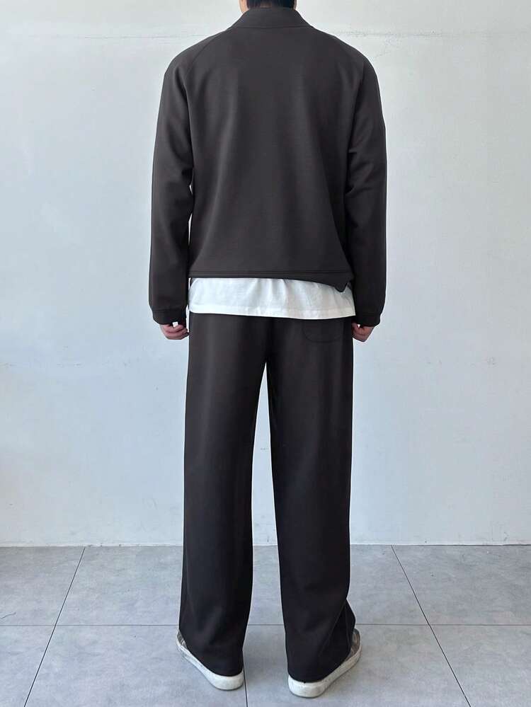 Men's Solid Gray Half-Zip Pullover Sweatshirt Set, Autumn