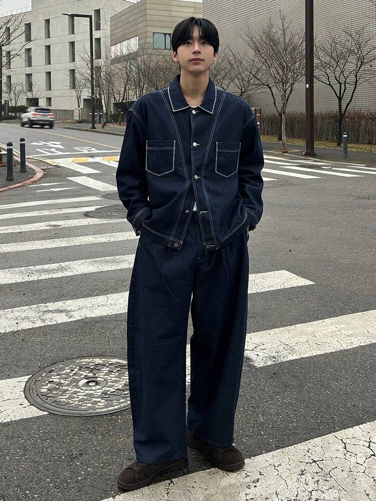 DAZY 男士纯色藏蓝色牛仔西装，秋季款 - 藍色 - 查看 6