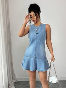 Elenzga Đầm denim nữ cổ tròn cài cúc nửa vạt, kiểu dáng thời trang, thích hợp cho hẹn hò hoặc đi chơi. - Rửa trung bình - Xem 3