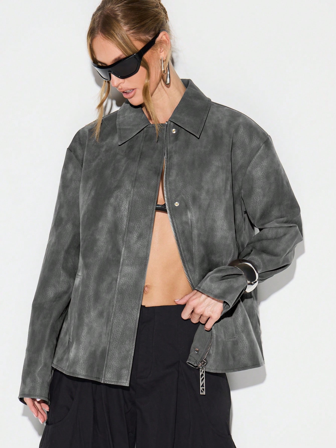 KIZN オーバーサイズフェイクレザーフィールドジャケット（襟付き）