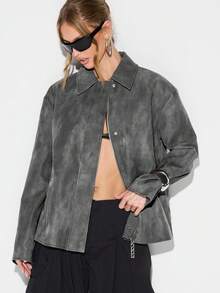 KIZN Oversized Faux Leather Field Jacket With Collar And Zip Front Closure For Fall Winter Outerwear - Dark Grey - View 1