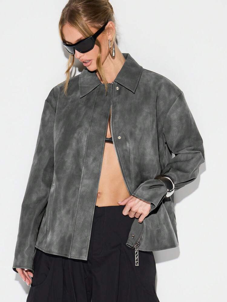 KIZN Oversized Faux Leather Field Jacket With Collar
