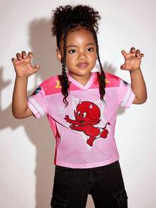 SHEIN HOT STUFF Young Girl Casual Cartoon Pattern Mesh Breathable Short Sleeve T-Shirt, Summer - Pink - View 4