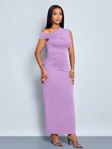 SOLERSUN 女士春夏纯色简约日常约会优雅派对不对称斜肩修身长裙 - 淡紫色 - 查看 6