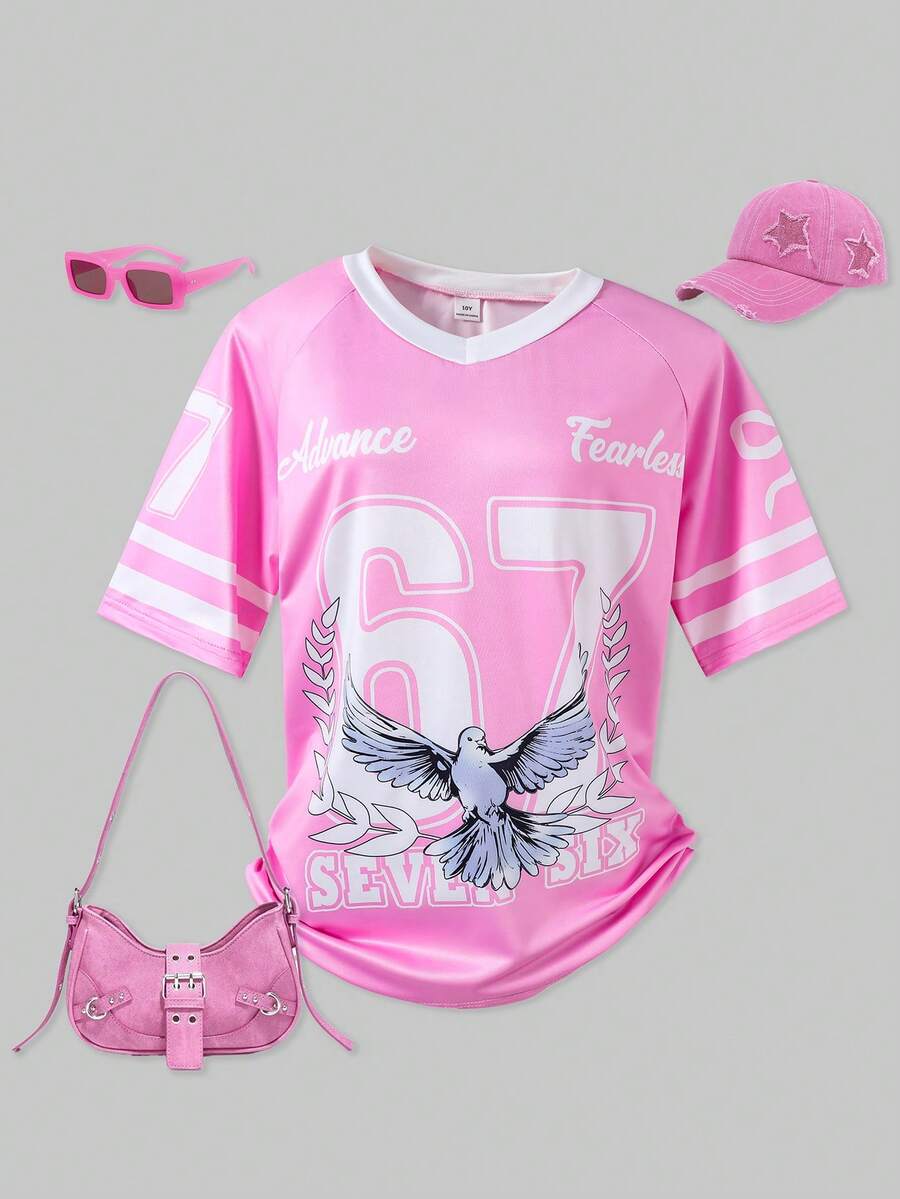 SHEIN ChillGRL Áo thun ngắn tay thể thao màu hồng cho bé gái, cổ chữ V, chất liệu dệt kim thoải mái, dáng rộng rãi, phù hợp cho các hoạt động thường ngày và thể thao, mùa hè. - Hồng - Xem 1