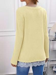EMERY ROSE Women's Round Neck Long Sleeve Button Design Lace Hem Casual T-Shirt - Yellow - View 2