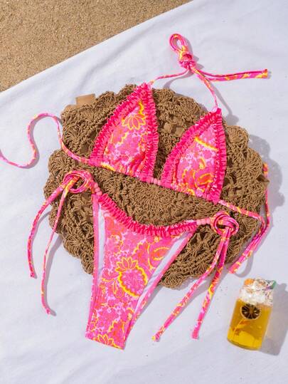 Swim Vcay 2pcs/Set New Random Print & Solid Color Ruffle Trim Halter Sexy Elegant Vacation Bikini Swimwear Set, Suitable For Beach, Pool, Party