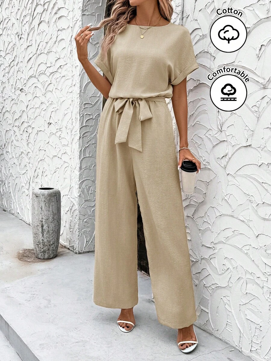 SHEIN Clasi Elegante tuta estiva da donna in lino blu con maniche a sbuffo, vita annodata e tessuto plissettato, adatta per varie occasioni, viaggi quotidiani, uscite, ecc. - Cachi - Visualizzare 1