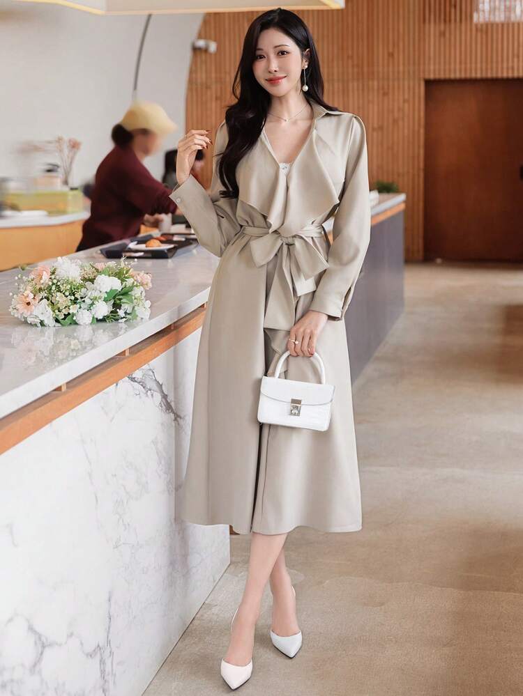 Khaki,Autumn,Elegent,Semi Formal Women's Spring & Summer Rhinestone Shiny Formal Dress,Wedding Party Banquet Slim Fit Waist Tie Long Sundress