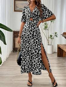 Breezaya 女士夏季豹纹扭结前领露背开衩连衣裙长款女装 - 黑色 - 查看 3