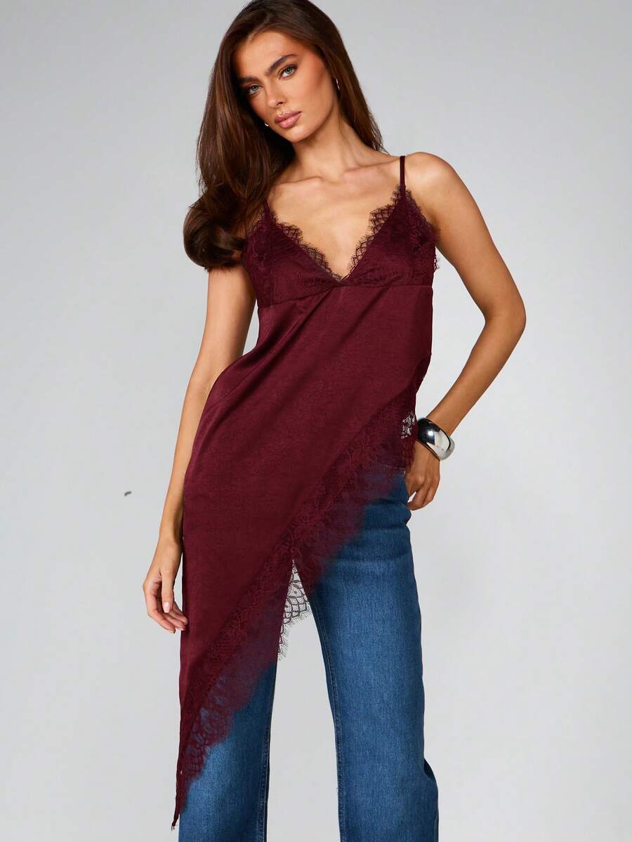 MISSGUIDED 女士缎面不对称蕾丝边吊带背心深V领无袖上衣晚礼服叠穿 - 酒紅色 - 查看 1
