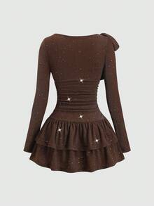 Sweetra Đầm ngắn trễ vai thắt nơ thanh lịch dành cho nữ, chất liệu bóng, thích hợp cho tiệc tùng, sự kiện trang trọng, đi làm hoặc mặc hàng ngày. - màu nâu - Xem 2