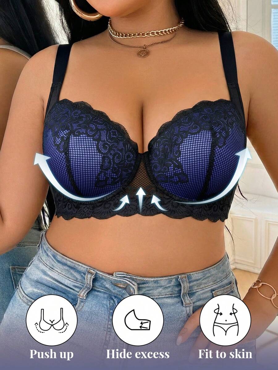 DesireSculpt 1pc Plus Size Lace Comfortable Seamless Padded Underwire Bra - Royal Blue - View 1