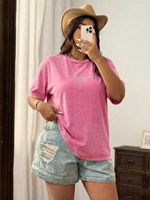 SHEIN EZwear 大码复古做旧棉质刺绣宽松T恤 - 玫紅色 - 查看 6