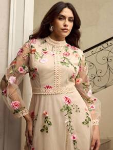 ZEYLAH Plus Size Embroidered Lace Patchwork Long Sleeve Dress Fall - Apricot - View 7