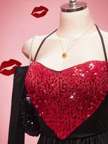 SHEIN ICON 大码红色爱心撞色腰部A字连衣裙，适合约会、情人节穿着 - 黑色 - 查看 5