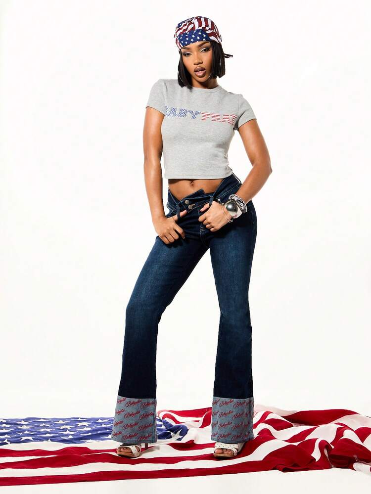 BABYPHAT Flared Denim Jeans With Embroidered Rolled Hem Detail High Rise Bell Bottom Style Perfect For Fall Fashion