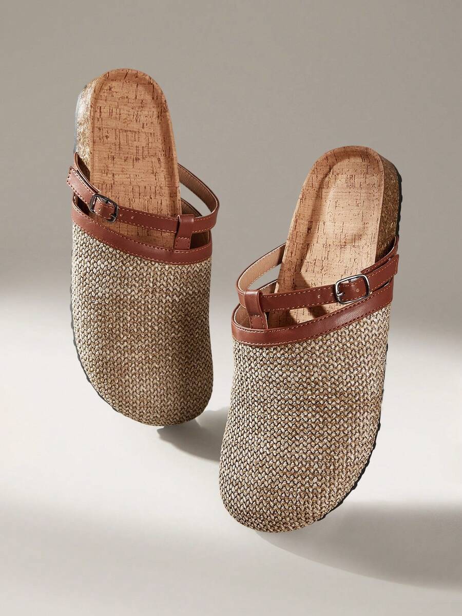 Solecia Women's Woven Textured Slip-On Sandals, Round Toe Design, Exposed Heel, Comfortable Minimalist Style, Suitable For Vacation And Commute, Brown Flat Shoes, Versatile For Casual Wear - Brown - View 1