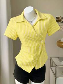 Comfortcana Women's Yellow Striped Print Asymmetric Hem Button Short Sleeve Shirt, Spring/Summer - Yellow - View 5