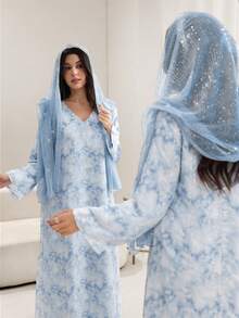 Al Najma Embroidered & Jacquard Weave Abaya Robe,  Style - Blue - View 5