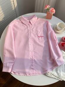 Comfortcana 女款粉白條紋刺繡寬鬆長袖襯衫，休閒開學季秋季校園上衣，優雅Y2K通勤度假上衣 - 粉色 - 查看 6