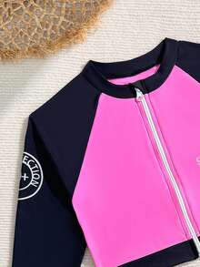 SHEIN Tween Girls Bikini Sets Black And Pink Spliced Top With Letter Print Pants, Leaf Shadow Print Three Piece Set, Casual Sun Protection Vacation Style, Long Sleeved Top With Letter Print On The Sleeves, Suitable For Summer Vacation, Beach Swimming, Beach Parties, Swimming Pool Parties, Creek Carnival, Holiday, Hot Spring Vacation - Black - View 3