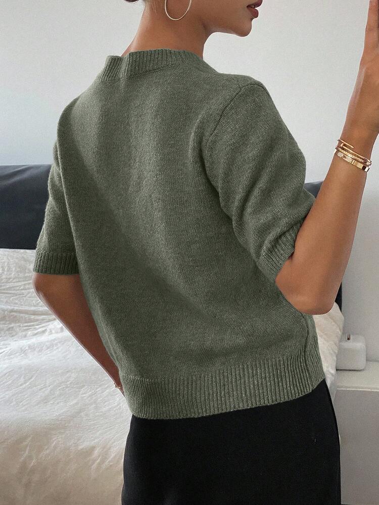 Heart Decor Loose Fit Short Sleeve Crew Neck Casual Knit Top For Women, Spring/Autumn