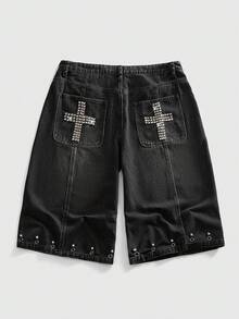 ROMWE MEN Street Life Men's Cross Patch Pocket Loose Fit Denim Shorts