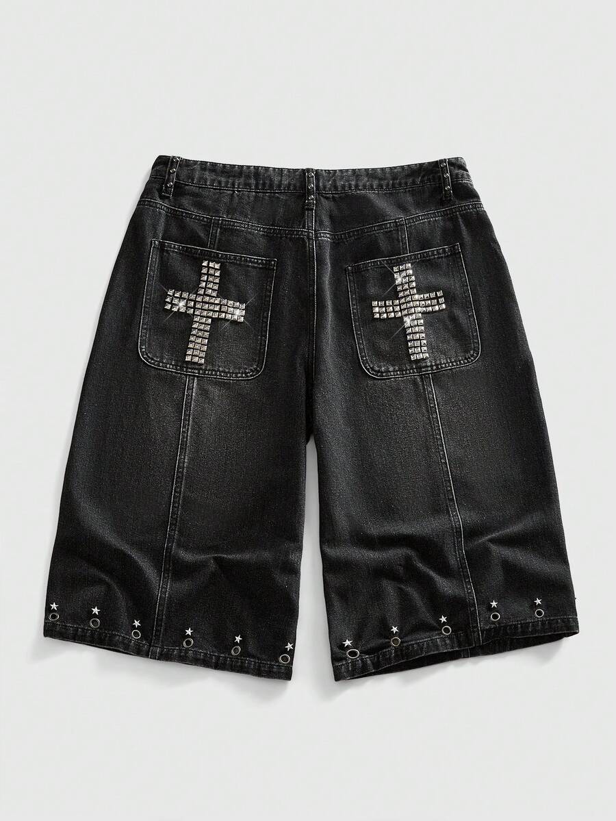 ROMWE MEN Street Life 男士交叉贴袋宽松牛仔短裤 - 黑色 - 查看 1