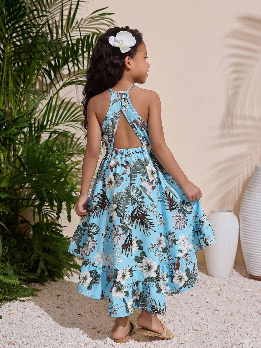 年轻女孩优雅简约印花无袖吊带连衣裙 - 淺藍色 - 查看 1
