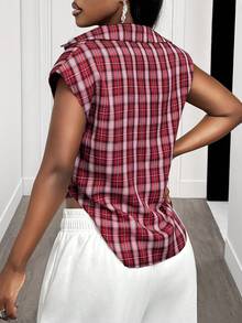 Mistrie 女士格子不对称下摆时尚百搭派对短袖衬衫 - 彩色 - 查看 3