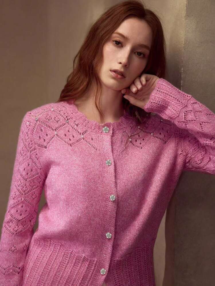 PINK POINTELLE KNIT SEQUIN RHINESTONE DETAIL BUTTON UP CARDIGAN