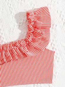 Young Girls Bikini Sets: Red And White Striped Padded Cute Flared One-Shoulder Straps Ruffles Triangle Swimsuit Split Two-Piece Set For Swimming, Summer Vacations, Beach, Pool, Pool Parties, Leisure And Resort Wear - Red - View 5