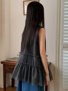 DAZY Chaleco de blazer sin mangas con parches de malla negra para niñas preadolescentes - Gris - Ver 3