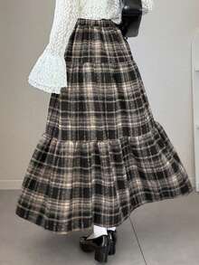 FRIFUL 女士格子印花荷叶边下摆优雅A字裙 - 棕色 - 查看 2