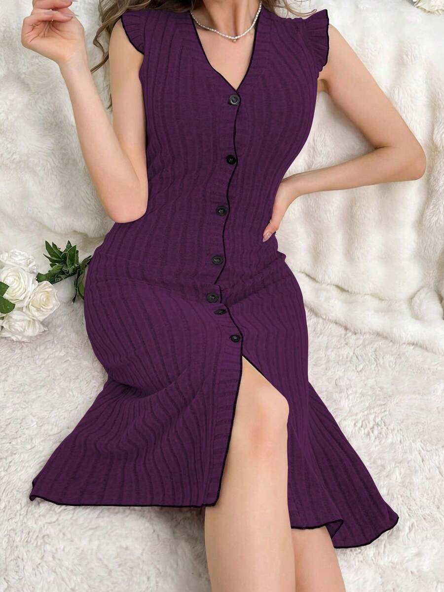 Button-Up Color Block Trim Women's House Dress - Purple - View 1