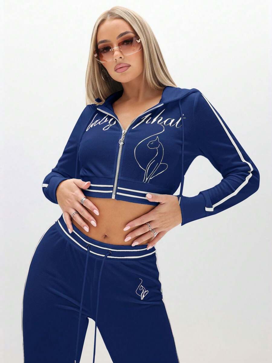 BABYPHAT Velour Zip Up Hoodie With Embroidered Logo And Contrast Striping For Casual Loungewear