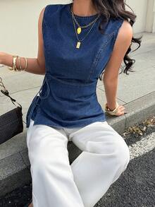 Siren Gaze Women's Blue Denim Wrap-Style Shirt With Bow Tie, Elegant Women's Clothing,Spring Break Outfits ,Valentine Clothes Summer Casual - Dark Wash - View 3