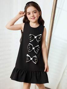 Elladie kids 1pc Girls' Summer New Black Round Neck Sleeveless A-Line Ruffle Hem Bowknot Pearl Decor Elegant Cocktail Party Princess Dress - Black - View 6