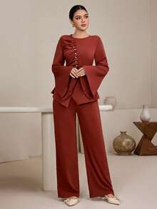 Graceveil 2pcs/Set Women's French Design Pleated Half-Turtleneck Flare Sleeve Set - Redwood - View 3