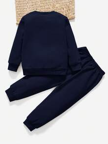 SHEIN Young Boys Navy Blue Knitted Round Neck Sweatshirt And Long Sweatpants Co-Ords With Letter Pattern For Everyday Casual Style - Navy Blue - View 3