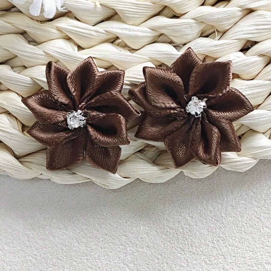 30Pcs/Set Solid Color Garment Decoration Excipient, Cute Fabric Rhinestone Decor Flower Design DIY Jewelry Accessory For Sewing - coffee color - View 1