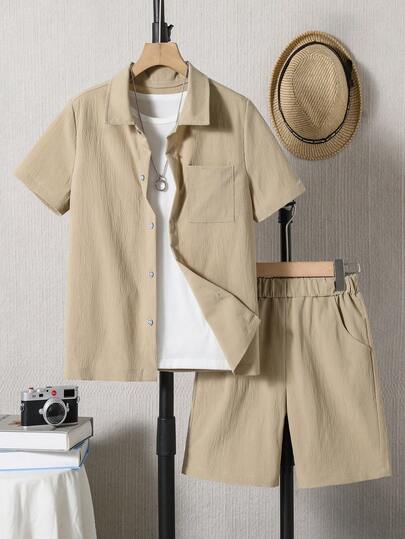SHEIN 2pcs Tween Boy Summer Casual Solid Color Textured Shirt And Shorts Set