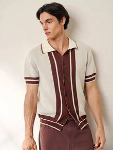 Manfinity Homme Men's Casual Everyday Commute Striped Contrast Color Short Sleeve Single-Breasted Cardigan - Apricot - View 5