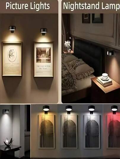 1个电池供电磁吸式LED画灯，无线遥控，多色可调光，适用于墙面艺术画作画廊家居装饰，现代金色点缀，必备配件